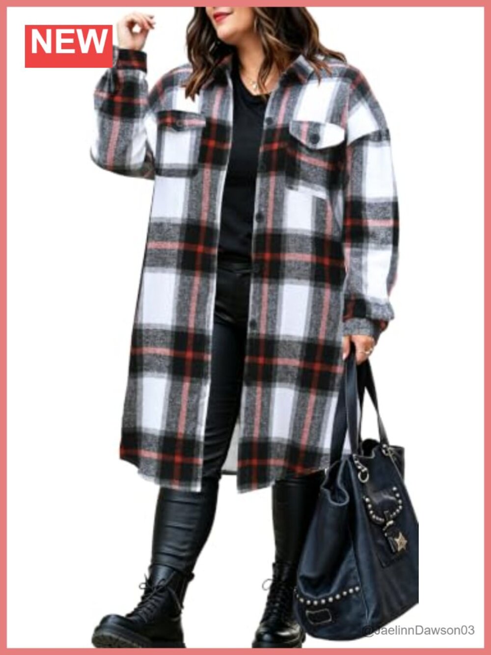 Womens Plus Size Flannel Plaid Button Down Shacket Jacket